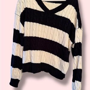 Striped V-Neck Sweater - Black and White